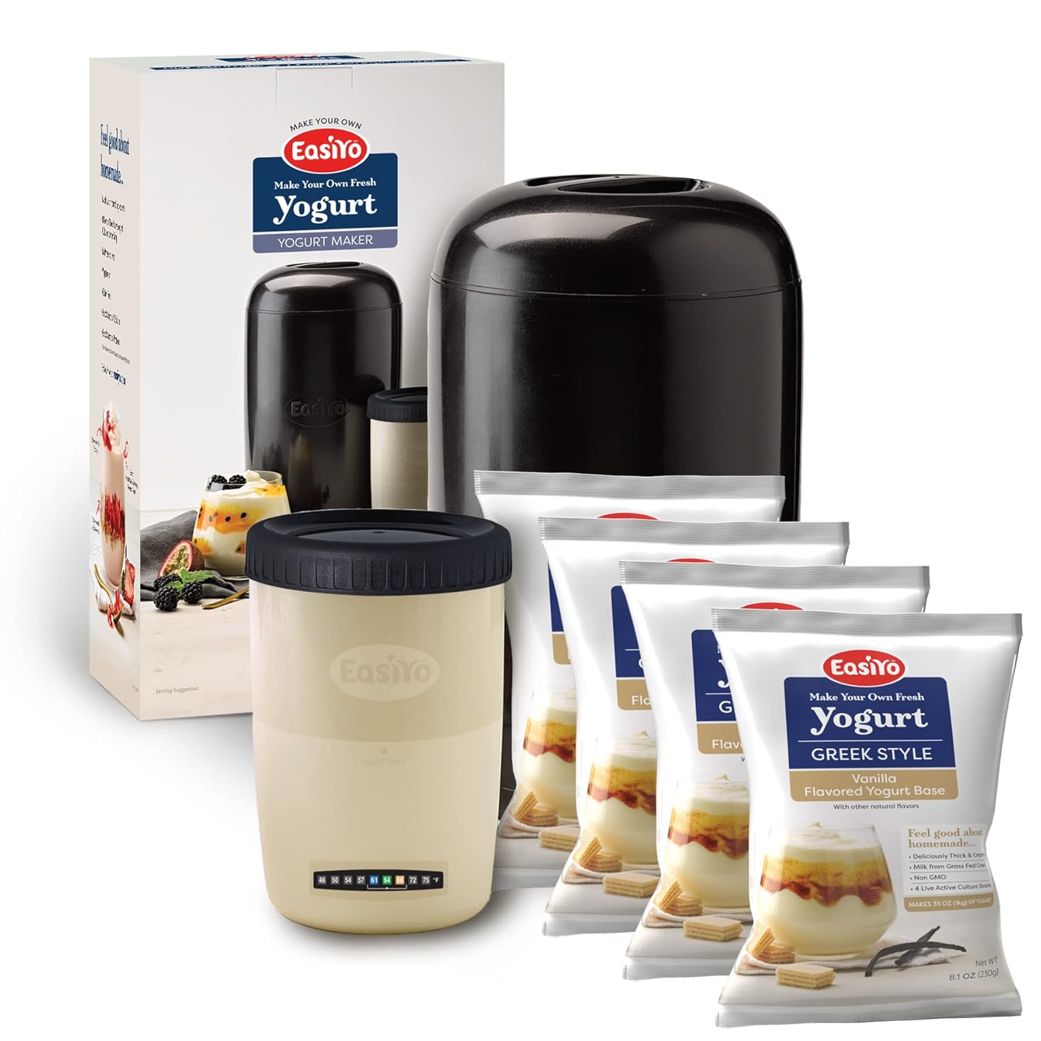 Yogurt Maker & Storage Jar + 4 Greek Style Vanilla Flavored Yogurt Base